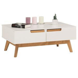 Idimex Table basse tibor style scandinave design vintage nordique table de salon rectangulaire 2 tiroirs 2 niches pin massif lasuré blanc - Blanc - Publicité