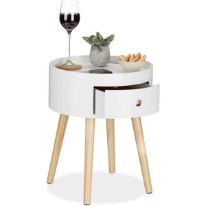 Table d'appoint ronde, tiroir, pieds en bois, design scandinave, minimaliste, HxD 46 x 38 cm Blanc/nature - Relaxdays - Publicité