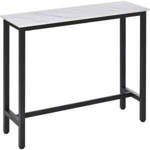 Table de bar - table haute de cuisine - dim. 120L x 40l x 100H cm - châssis piètement acier noir, plateau aspect marbre blanc