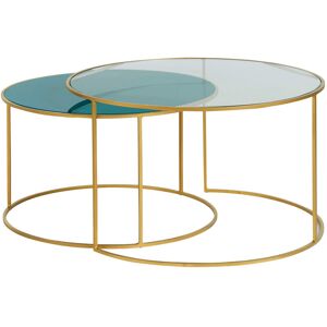 Miliboo Tables basses gigognes rondes design métal doré et verre teinté bleu pétrole (lot de 2) ROXO - Publicité