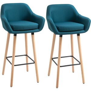 HOMCOM Tabourets de bar design scandinave - lot de 2 tabourets de bar grand confort avec repose-pieds et accoudoirs - bois de hêtre lin bleu canard - Bleu - Publicité