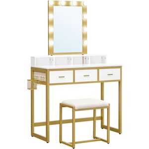 Vasagle - Coiffeuse avec tabouret, Table de maquillage, avec 10 ampoules led intensité réglable, miroir, pour chambre, dressing, style moderne, Blanc et Doré par songmics RVT014A10 - Publicité