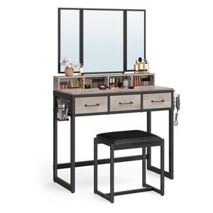 VASAGLE Coiffeuse avec Tabouret, avec Miroir Triple, 3 Tiroirs, 90 x 40 x 141 cm, Porte-Sèche-Cheveux, Pot, Style Industriel, Grège et Noir - Publicité