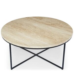 NV GALLERY Table basse travertin GISELLE - Table basse, Pierre de travertin waterproof & metal noir, Ø80 Beige / Noir