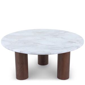 Table basse ANDREA - Table basse, Marbre blanc waterproof & bois de noyer naturel, Ø85 Blanc / Marron