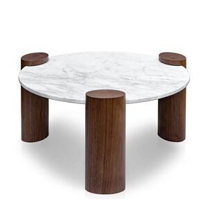 NV GALLERY Table basse MIEIS - Table basse, Marbre blanc waterproof & bois noyer, Ø90 Blanc / Marron