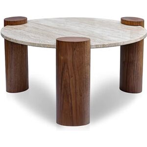 NV GALLERY Table basse MIES - Table basse, Pierre de travertin waterproof & bois noyer, Ø90 Naturel / Marron