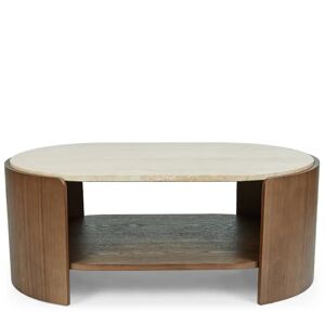 NV GALLERY Table basse ELIPSE - Table basse, Travertin waterproof & bois de frene teinte noyer, L100 Marron / Blanc