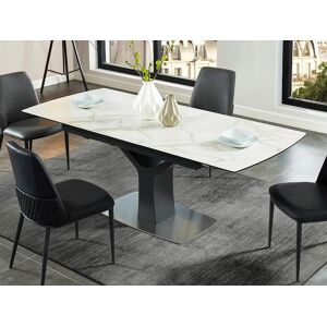 Vente unique Table a manger extensible 6 a 8 couverts Ceramique verre trempe et metal Effet marbre blanc et anthracite COLBY