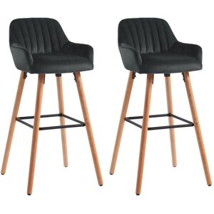 Vente-unique Lot de 2 tabourets de bar en velours et pieds bois de hêtre - Noir - ELEANA