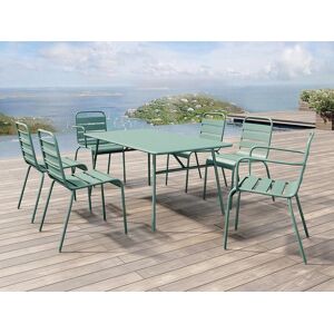 Salle a manger de jardin en metal - une table L.160 cm avec 2 fauteuils empilables et 4 chaises empilables - Vert amande - MIRMANDE de MYLIA