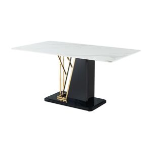 Vente-unique Table à manger 6 couverts en céramique et MDF - Effet marbre blanc, doré et noir laqué - BALLARAT