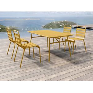 Salle a manger de jardin en metal une table L160 cm et 4 chaises empilables Jaune moutarde MIRMANDE de MYLIA