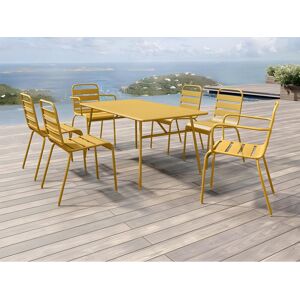 MYLIA Salle à manger de jardin en métal - une table L.160 cm avec 2 fauteuils empilables et 4 chaises empilables - Jaune moutarde - MIRMANDE de MYLIA