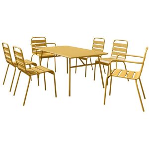 MYLIA Salle à manger de jardin en métal - une table L.160 cm avec 2 fauteuils empilables et 4 chaises empilables - Jaune moutarde - MIRMANDE de MYLIA