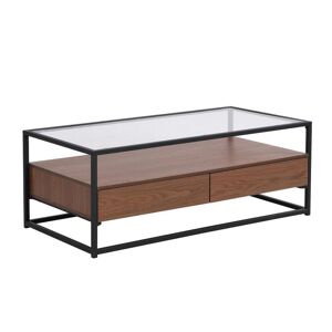 Vente-unique Table basse avec 2 tiroirs en MDF, verre trempé et métal - Naturel foncé - CAMATA