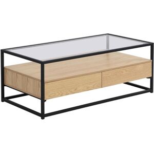 Vente-unique Table basse avec 2 tiroirs en MDF, verre trempé et métal - Naturel clair - CAMATA