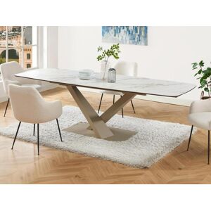 Table a manger extensible 6 a 10 couverts en verre trempe, ceramique et metal - Effet marbre blanc et beige - MALATA de Pascal MORABITO