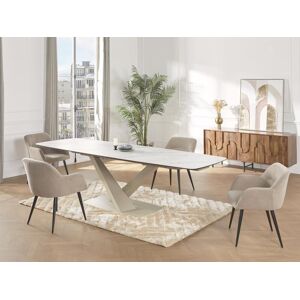 Table a manger extensible 6 a 10 couverts en verre trempe, ceramique et metal - Effet marbre blanc et beige - MALATA de Pascal MORABITO