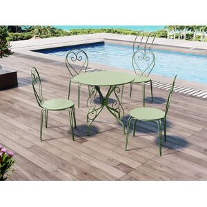 Vente-unique.com Salle a manger de jardin en metal facon fer forge : une table et 4 chaises empilables - Vert amande - GUERMANTES de MYLIA