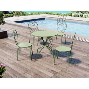MYLIA Salle à manger de jardin en métal façon fer forgé : une table et 4 chaises empilables - Vert amande - GUERMANTES de MYLIA