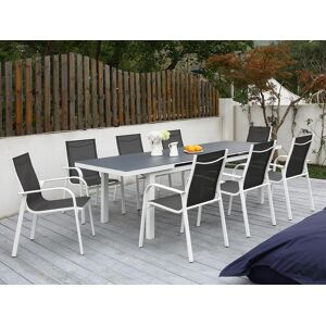 Salle a manger de jardin en aluminium grise et blanche 8 fauteuils et une table extensible LINOSA de MYLIA
