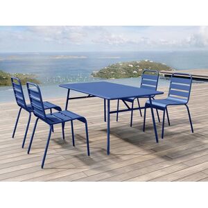 Salle a manger de jardin en metal - une table L.160 cm et 4 chaises empilables - Bleu nuit - MIRMANDE de MYLIA