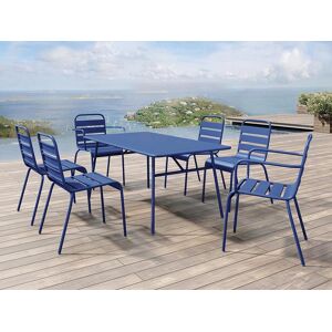 MYLIA Salle à manger de jardin en métal - une table L.160 cm avec 2 fauteuils empilables et 4 chaises empilables - Bleu nuit - MIRMANDE de MYLIA