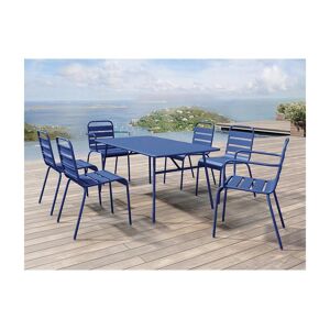 MYLIA Salle à manger de jardin en métal - une table L.160 cm avec 2 fauteuils empilables et 4 chaises empilables - Bleu nuit - MIRMANDE de MYLIA