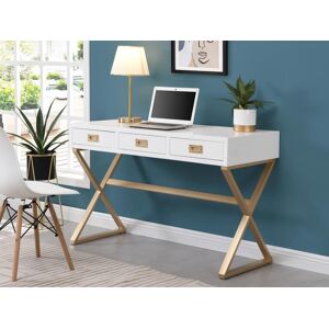 Vente-unique Bureau avec 3 tiroirs - MDF et métal - Blanc et doré - URENGA