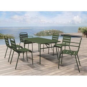 Salle a manger de jardin en metal - une table L.160 cm avec 2 fauteuils empilables et 4 chaises empilables - Kaki - MIRMANDE de MYLIA