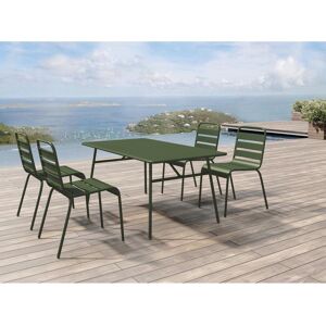 Salle a manger de jardin en metal - une table L.160 cm et 4 chaises empilables - Kaki - MIRMANDE de MYLIA