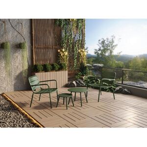 MYLIA Salon de jardin en métal - 2 fauteuils bas empilables et tables gigognes - Kaki - MIRMANDE de MYLIA