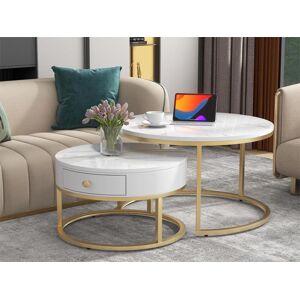 ModernLuxe Lot de 2 tables gigognes avec tiroir - motif marbre - aspect brillant - blanc - Publicité