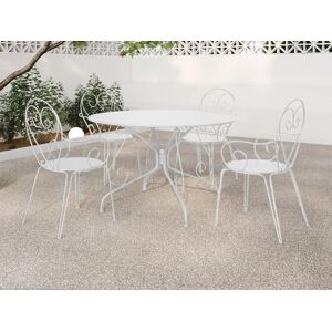 MYLIA Salle à manger de jardin en métal façon fer forgé : une table D.120cm et 4 fauteuils empilables - Blanc - GUERMANTES de MYLIA