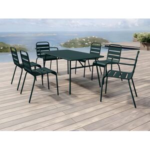 Salle a manger de jardin en metal - une table L.160 cm avec 2 fauteuils empilables et 4 chaises empilables - Vert sapin - MIRMANDE de MYLIA
