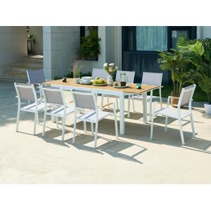 Salle a manger de jardin en aluminium et polywood une table extensible L170 230 cm et 8 fauteuils empilables Naturel clair et gris MACILA de MYLIA