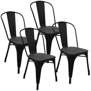 Red deco Indoor Lot de 4 chaises GASTON en métal noir style industriel avec assise en bois massif foncé