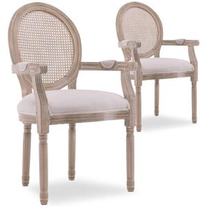 Intense Déco Lot de 2 fauteuils médaillon Louis XVI cannage rotin tissu beige