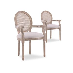 Intense Deco Lot de 2 fauteuils medaillon Louis XVI cannage rotin tissu beige