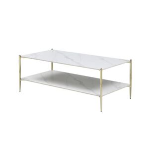 Vente-unique Table basse double plateau en ceramique et metal - Effet marbre blanc et dore - MADOLA