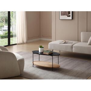 Vente unique Table basse double plateau en ceramique et bois dhevea Effet marbre noir et naturel FUDILA