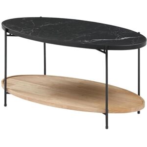 Vente-unique Table basse double plateau en ceramique et bois d'hevea - Effet marbre noir et naturel - FUDILA