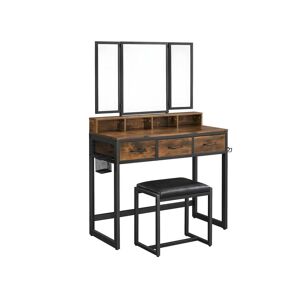 Helloshop26 Ensemble de coiffeuse table de toilette avec tabouret rembourré avec miroir triple 3 tiroirs porte-sèche-cheveux pot style industriel marron rustique et noir 12_0002336