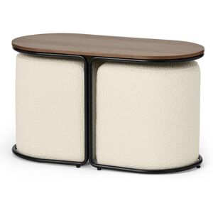 Vente-unique Table basse + 2 poufs en tissu bouclette - Naturel et blanc - ADAR