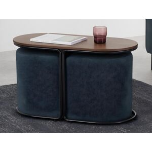 Vente-unique Table basse + 2 poufs en tissu - Naturel et bleu - ADAR