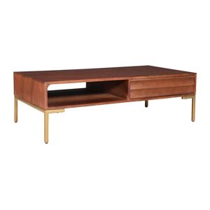 Vente-unique Table basse avec 1 tiroir et 1 niche en bois de manguier et métal doré - Naturel foncé - MAODISA