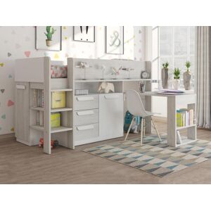 Vente unique Lit combine 90 x 200 cm Avec bureau et rangements Blanc et naturel LOUKALA