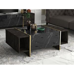 Vente unique Table basse avec 1 porte et 2 niches Effet marbre noir naturel fonce et dore CADEBA II