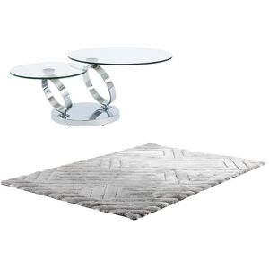 Vente-unique Ensemble table basse plateau pivotant transparent JOLINE et tapis shaggy gris MAZE